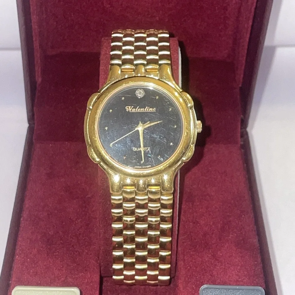 Beautiful Vintage Valentino Gold Toned Quartz Watch With Genuine Diamond -In Box